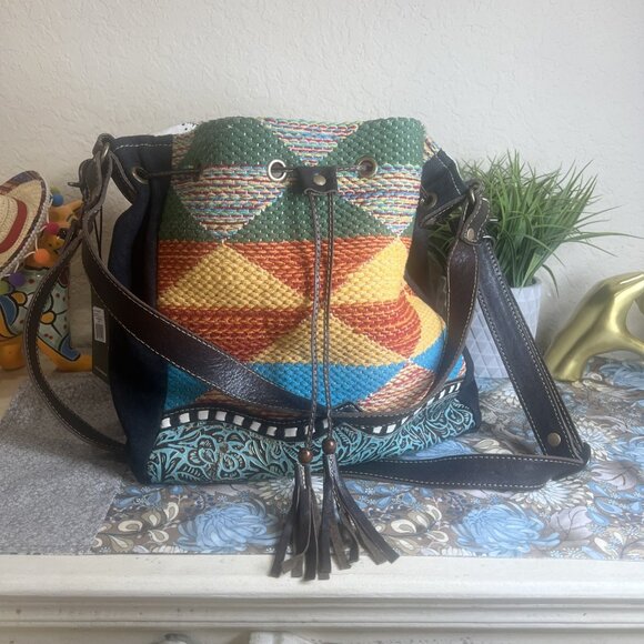 Myra Handbags - Myra Bag Handmade Bohemian Western Bucket Bag Upcycled Canvas & Cowhide Leather